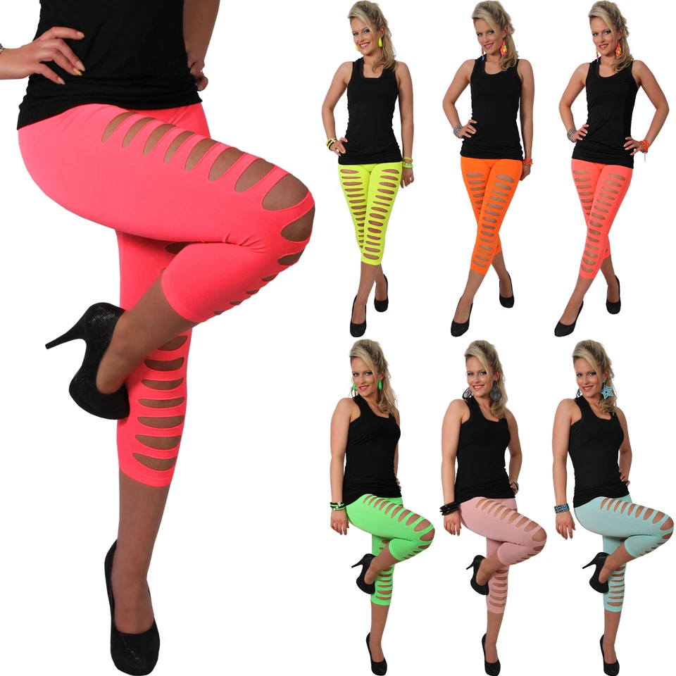 Leggings Capri 3/4 Neon Damen Schlitze Sommer Leggins Hose Risse Punk 34 36 38 - Bild 1 von 1