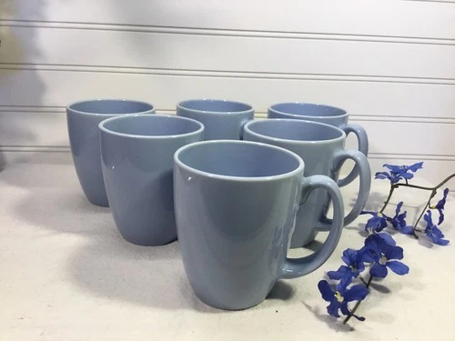 Vintage Corelle Stoneware Periwinkle Light Blue Coffee Mugs Cups Set Of 6
