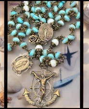 Stella Maris Miraculous Mary Rosary - Anchor Crucifix, Bronze, White & Blue MOP