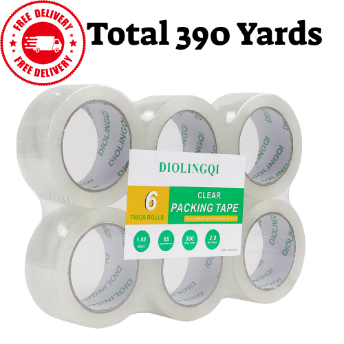 Clear Packing Tape: 6 Rolls, 2.8 mil Thick, 1.88in x 65 Yards (Total 390 Yards)