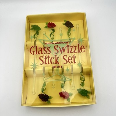Boston Warehouse Glas Swizzle Stick Set Weinrebe Cocktail Rührstäbchen 6er Set