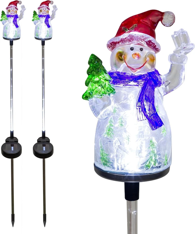 (2) Outdoor Solar Snowman Garden Stakes with 2 White Fiber Optic LED Lights - Image 2 of 3