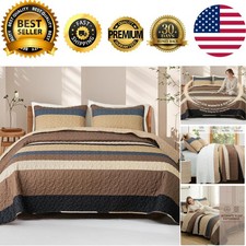 Lightweight Boho Striped Quilt Set - Queen Size with 2 Pillow Shams, Camel Color