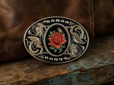 Painted Red Rose Cameo Belt Buckle Western Cowgirl Floral Vintage Style