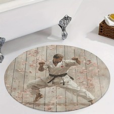 Karate Practice Round Mat Rug - Soft Non-Slip Floor Mat with Dynamic Karate Figu