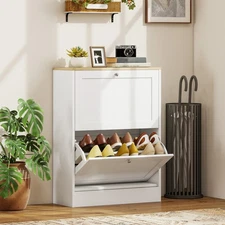 Slim Shoe Cabinet with 2 Flip Drawers & Adjustable Shelves, White