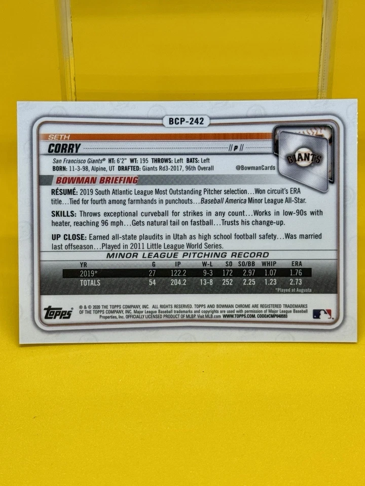 2020 Bowman Chrome - Prospects Seth Corry #BCP-242 Purple Refractor /250 (RC) - Image 2 of 3