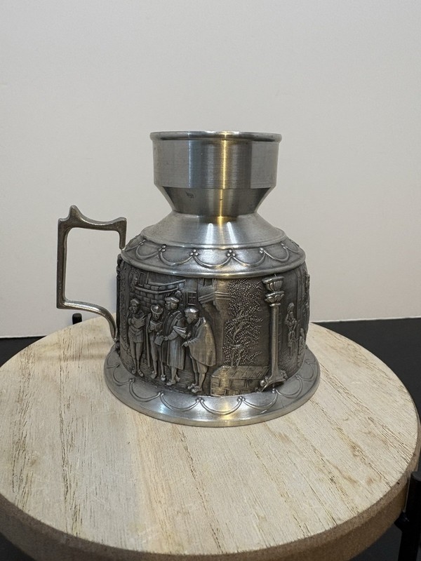 Vintage SKS Zinn Pewter Candle Holder Etched Medeval Made In Germany 