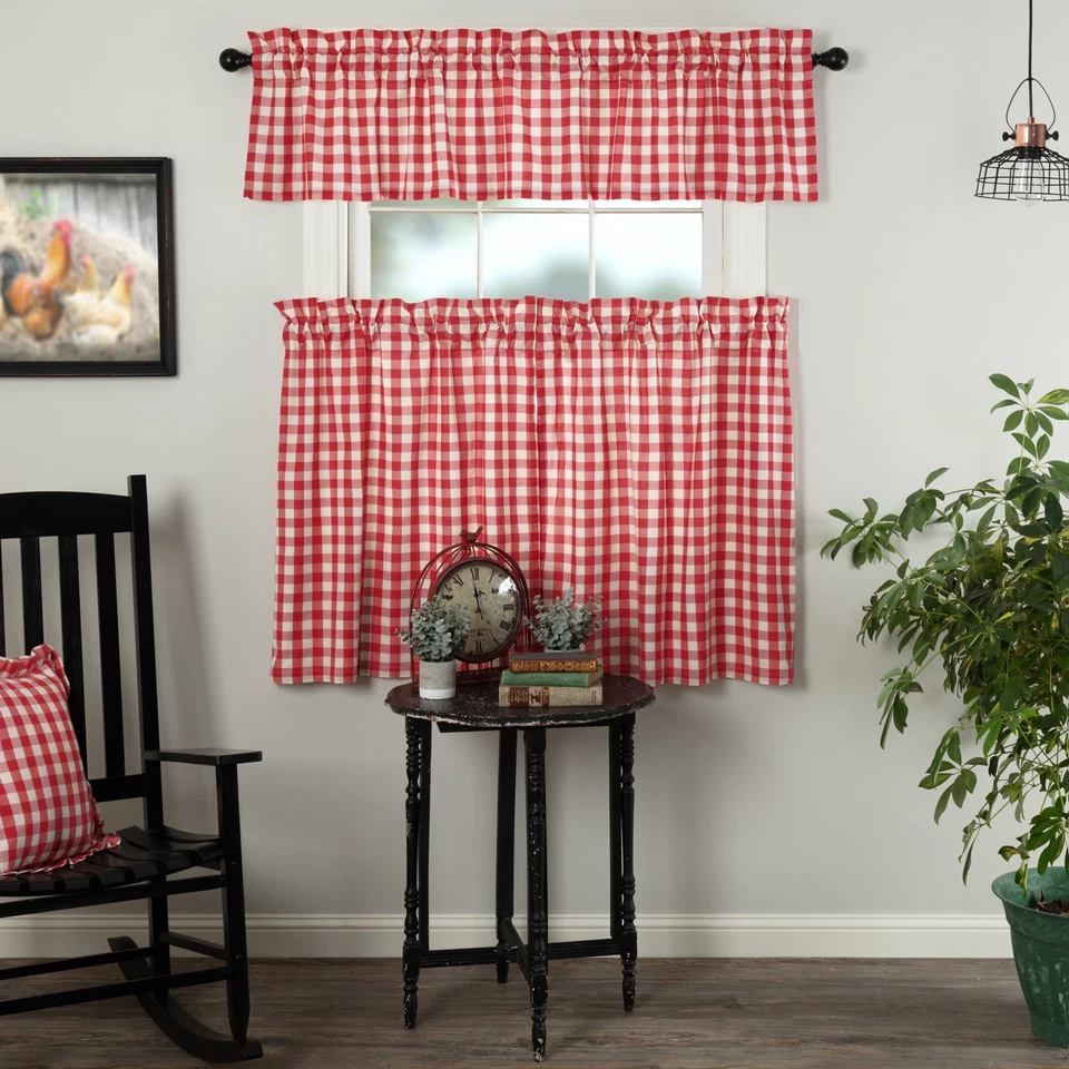 Conjunto de cortina Annie Buffalo xadrez vermelha (1 válvula 16x72; 2 níveis 36x36) marcas VHC - Imagem 2 de 4