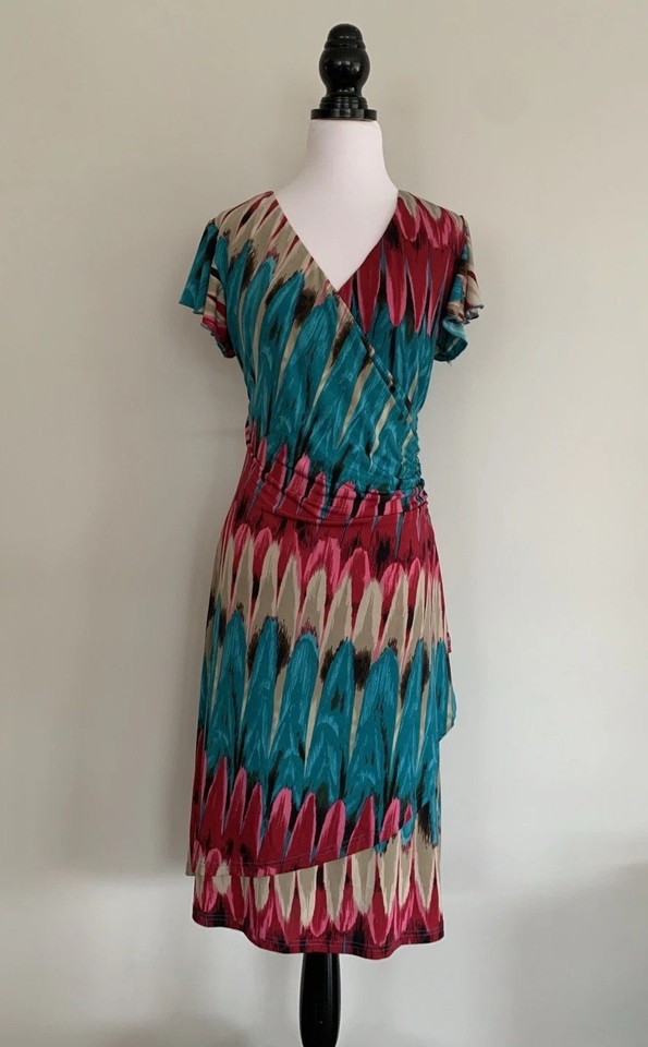 Liz Jordan Midi Dress Size M 12-14 Stretch Jersey Wrap Short Sleeve Ruched