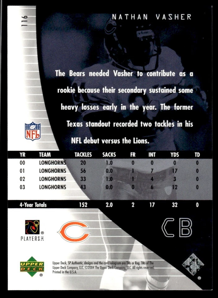 2004 SP Authentic Nathan Vasher Rookie 0876/1199 Chicago Bears #116 R80 - Image 2 of 2