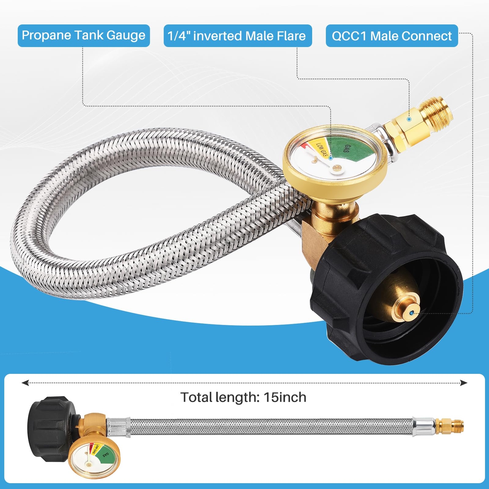 15" RV Pigtail Braided Propane Hose for 1/4-Inch Inverted Male 2-Stage Regulator