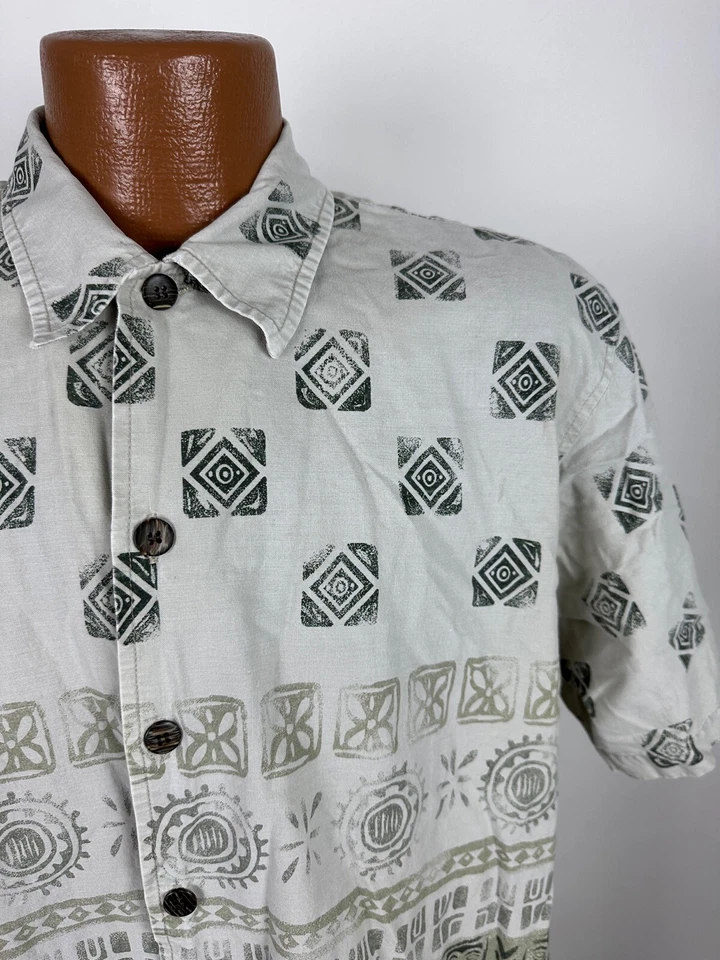 Camisa Hawaiana Cherokee Años 90 De Colección Hombres Grande Geométrica Tribal Tiki Algodón DEFECTUOSA Foto 2 de 4