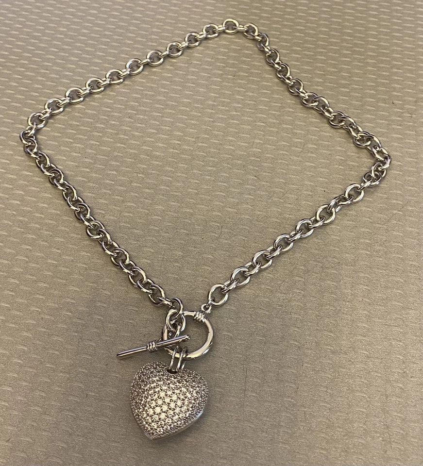 Berricle Toggle Necklace CZ Crystal Puffy Heart Pendant Chunky Rolo Chain 18" BE - Image 2 of 4