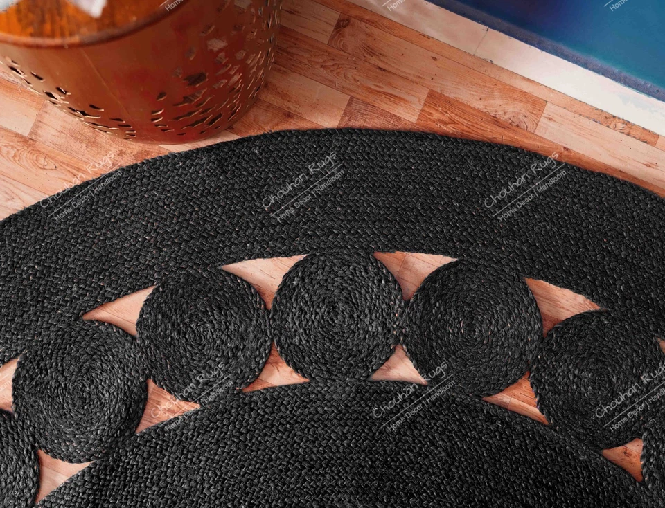 Alfombra de yute redonda de diseño festoneado negra, alfombra de yute vintage para decoración de sala de estar Foto 3 de 4