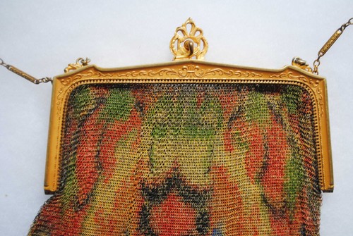 ANTIQUE PAINTED FLORAL DRESDEN MESH PURSE BAG WHITING & DAVIS - Picture 7 of 9