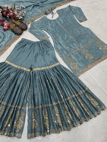 Indian Style Chinnon Silk Powder Blue Top Sharara With Dupatta For Reception - Picture 2 of 13