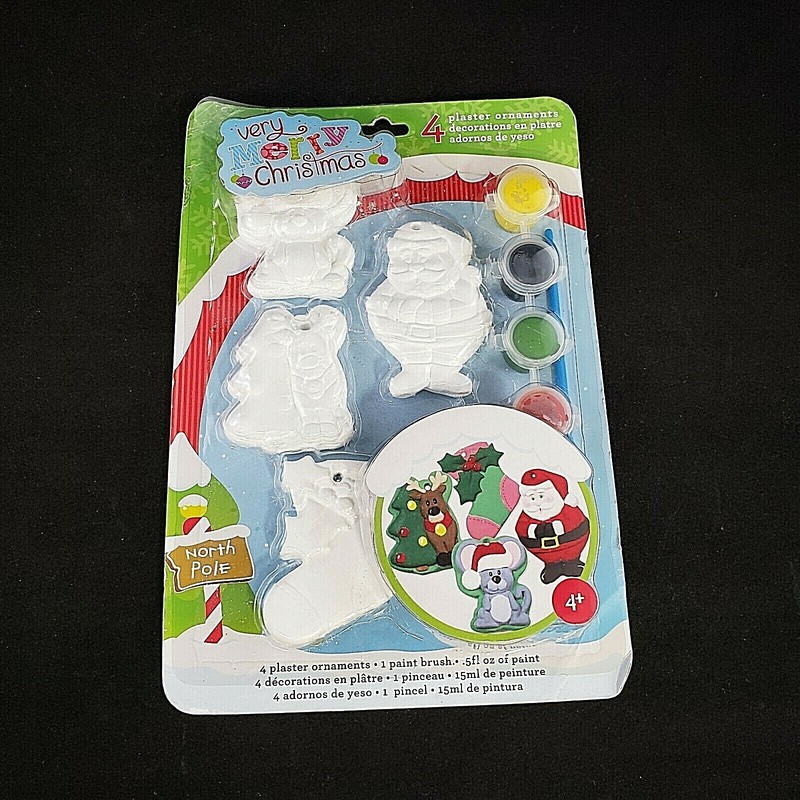4 Pack Plaster Christmas Ornament Painting Kit Santa Mouse Reindeer Sock VTG