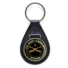 US Army Cavalry Veteran Black Leather Keychain Silver Keyring Military Gift