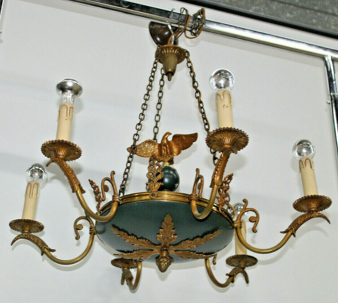 French bronze tole Empire design eagle figurine chandelier lamp 