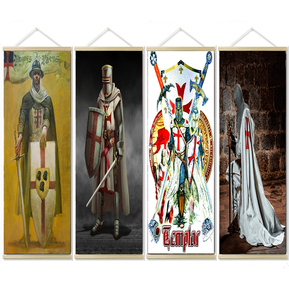 4 PCS Vintage Knights Templar Art Poster Wall Hanging Crusades Scroll Painting