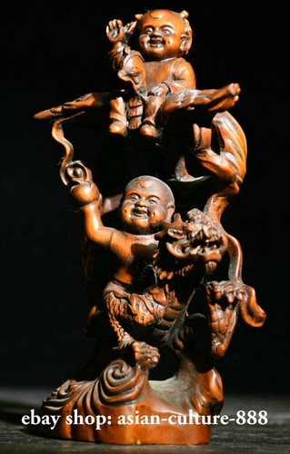 6" Old Chinese Boxwood Wood Two Tongzi Boys Child Draong Phoenix Lucky Sculpture - Picture 3 of 9