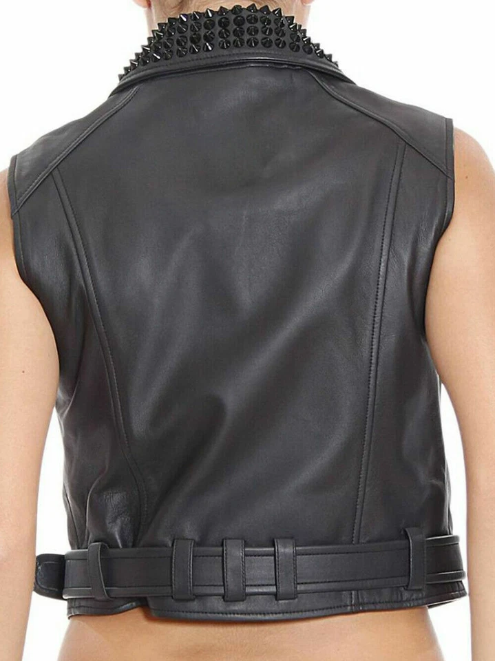 Women Full Black Vest Studded Brando Punk Vintage Biker Real Leather Vest - Image 3 of 4