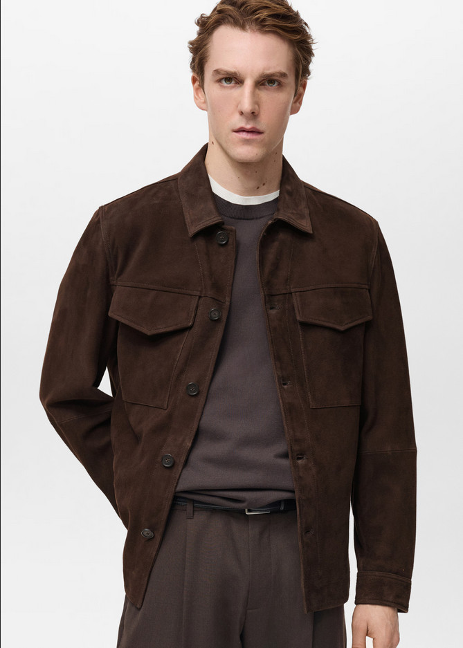 NWT MANGO MNG $400 CHOCOLATE SUEDE LEATHER FLAP POCKET JACKET SZ L LARGE image 2
