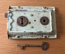 Antique Vintage Rim Door Lock Brass And Steel With Key. Salvaged. Reclaimed.