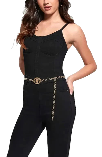 GUESS Bustier Struktur Jeans Jumpsuit Einteiler Skinny Gürtel Stretchig Blk XS - Bild 4 von 8