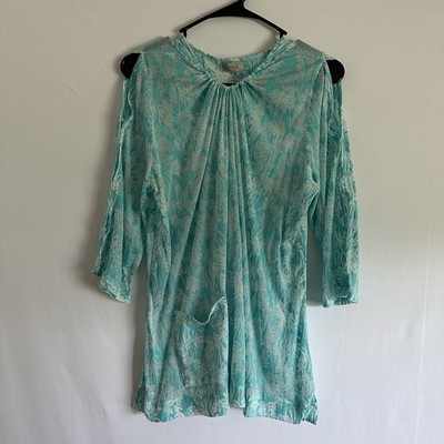 Chalet Tunic Sheer Floral Print Size XL Blue Pocket Made In Usa