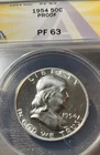 1954 50C FRANKLIN ANACS PROOF 63, BLAST WHITE, MEDIUM DEEP MIRRORS, LIGHT CAMEO
