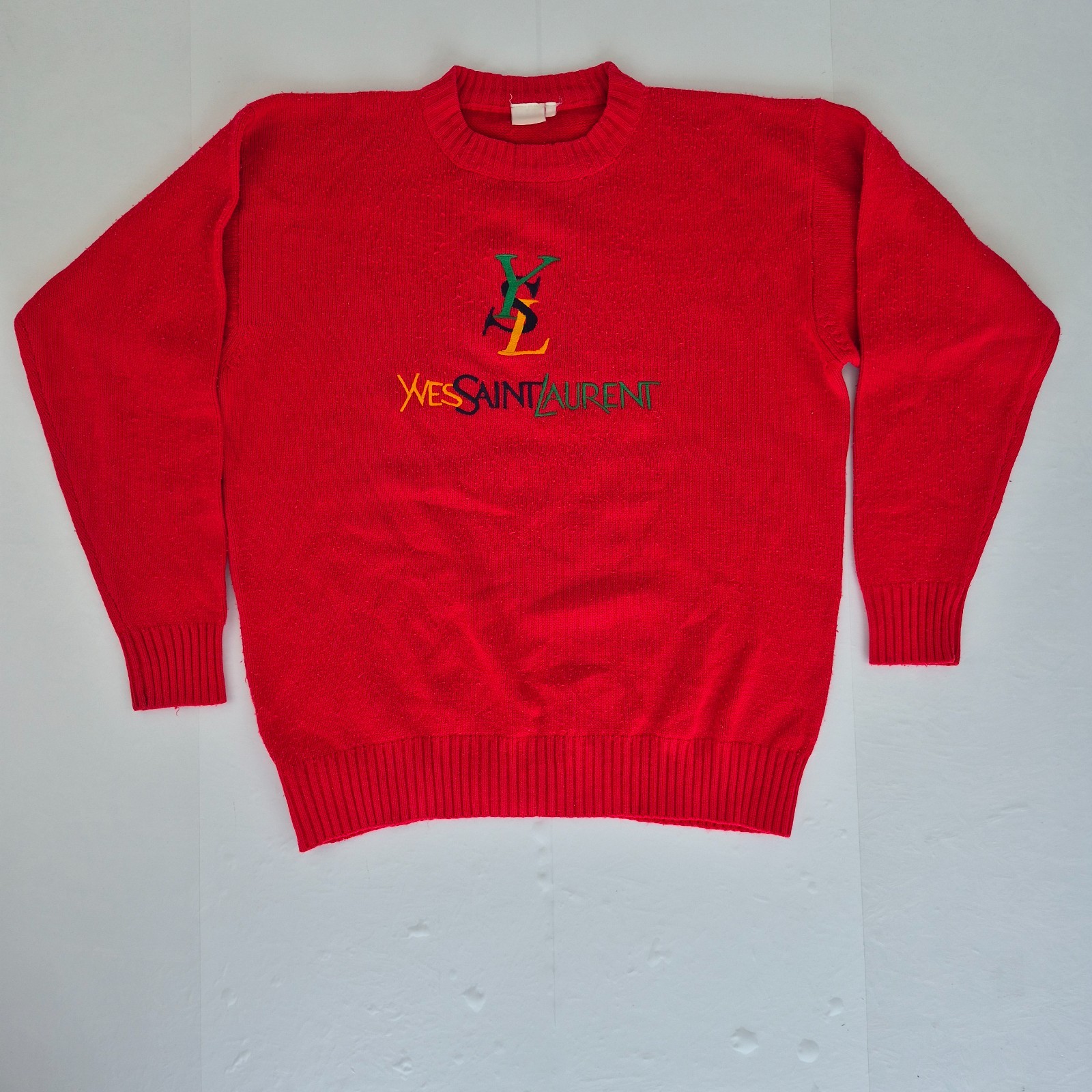 SAINT LAURENT Maglione YSL XL rosso uomo girocollo maglia maglione ricamato spellout vintage