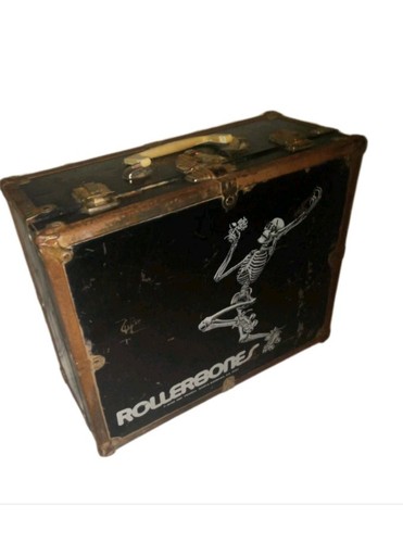 Vintage 80's Powell Roller Bones skates case with skates, roller bones wheels