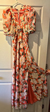 Anthropologie Coral Floral Chiffon Maxi Dress V-Neck Puff Sleeve Lined  Ruffle 