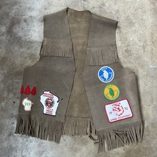 Vintage indian guide tooled leather fringe vest wi patches ymca winnebago 70s