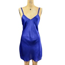 90s Coquette Royal Blue Satin Slip Dress V-Neck Mini Lingerie Y2K Medium Vtg