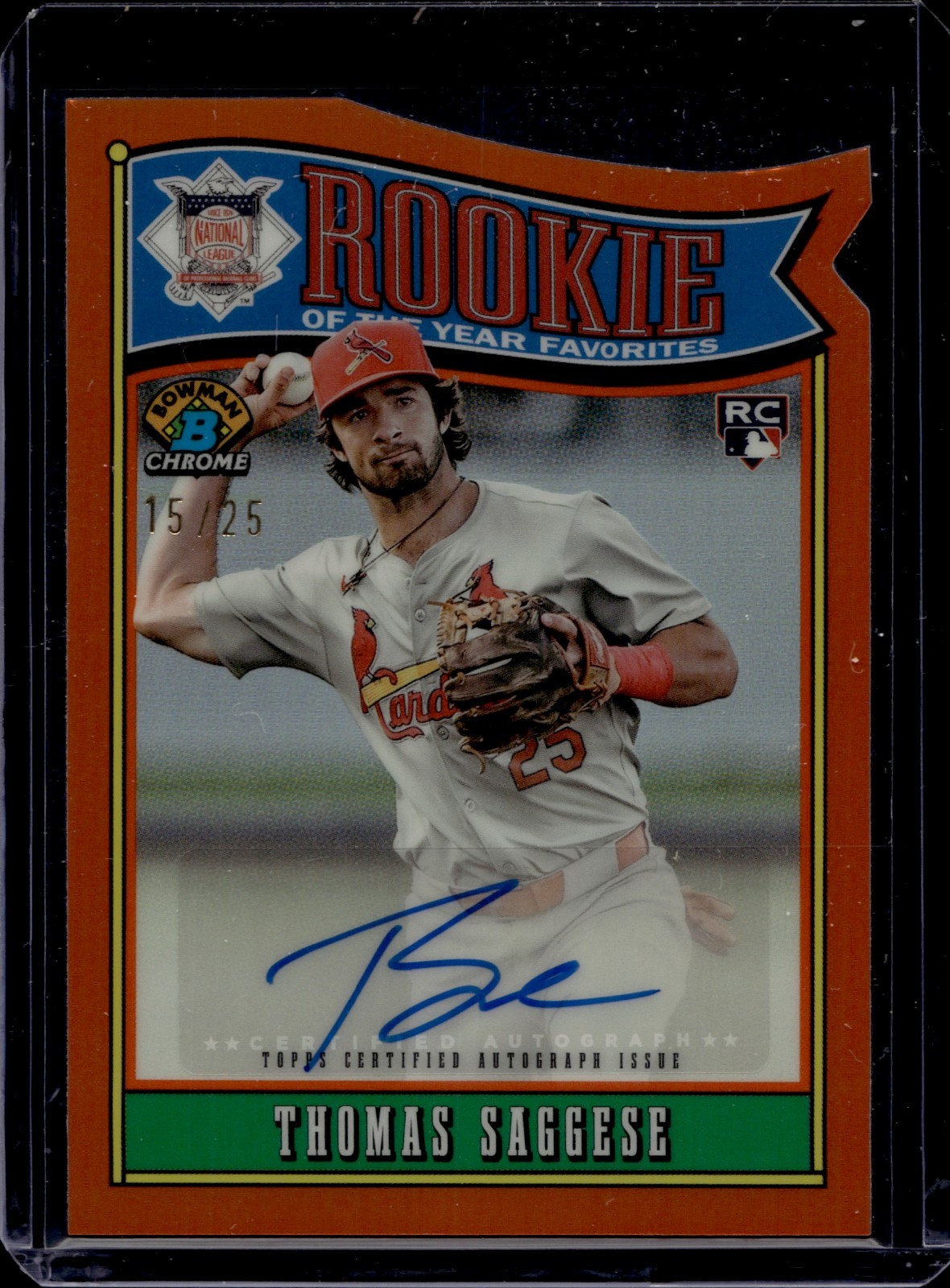2025 Bowman Chrome Rookie of the Year Favorite Auto Orange Thomas Saggese