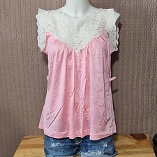 Vintage Lg Pink Satin-Look Camisole Top, White Lace Yoke, Pink White Colors