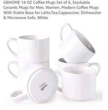 GBHOME Ceramic Stackable 14 Oz. Coffee Mugs-Set of 6-NEW IN ORIGINAL BOX