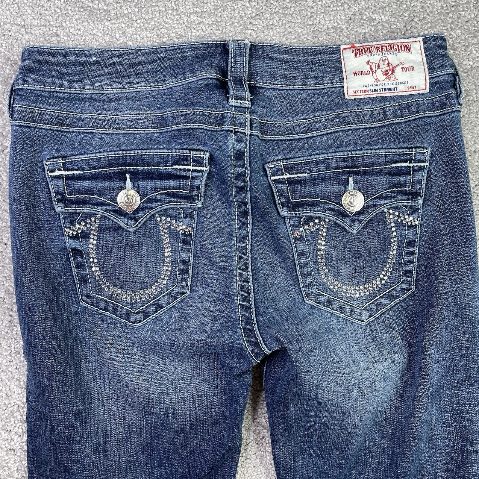True Religion Jeans Women's 28 Blue Slim Straight Low Rise Dark Flap Pockets thumbnail 4