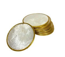 Vintage Capiz shell coaster set of 11 round with goldtone trim beachy casual