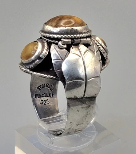 Vintage Sterling Silver Adjustable Size Taxco Tiger Eye Poison Ring Mexico