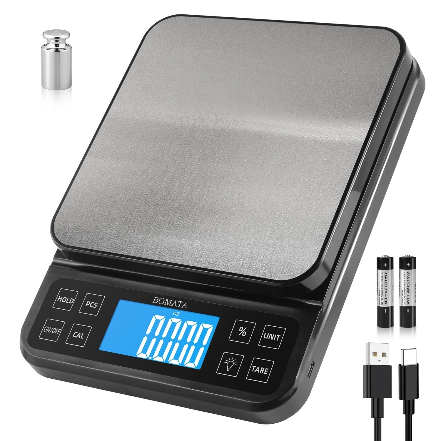 5kg/11lb Large Kitchen Scale, 0.1g Precision, USB, LCD, Stainless Steel Pan