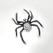 Spooky Gothic Black Spider Pin Sparkly Clear Rhinestone Crystal Brooch Halloween