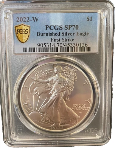 2022-W Burnished Silver Eagle SP70 First Strike Gold Shield