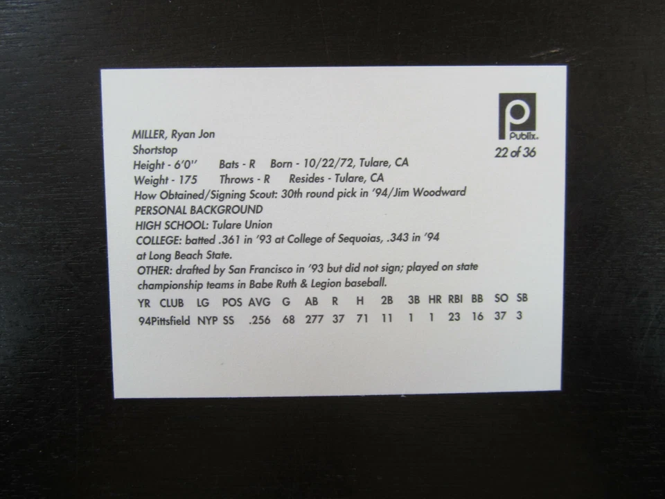 1995 Publix # 22 Ryan Miller Autograph Signed Card (B) St Lucie Mets - Image 2 of 2