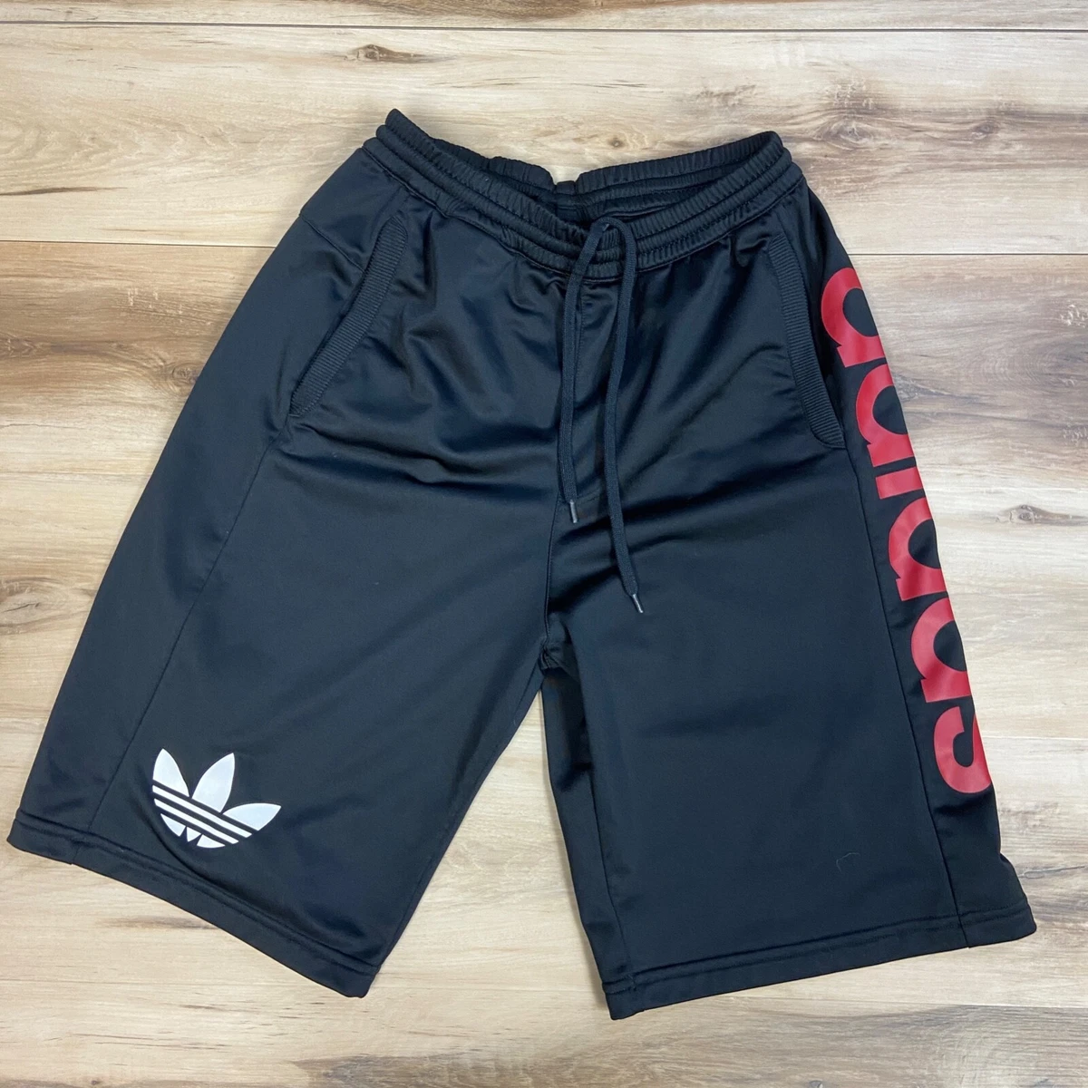 Adidas Shorts Mens Small Black Red Logo Trefoil Drawstring Elastic