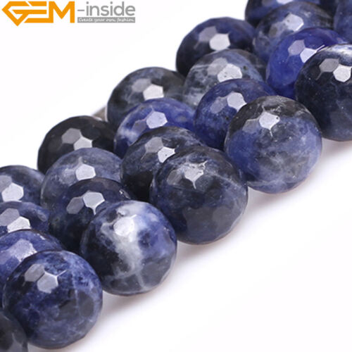 Natural Blue Sodalite Jasper Faceted Stone Round Loose Beads Jewelry Making 15" - Picture 1 of 32
