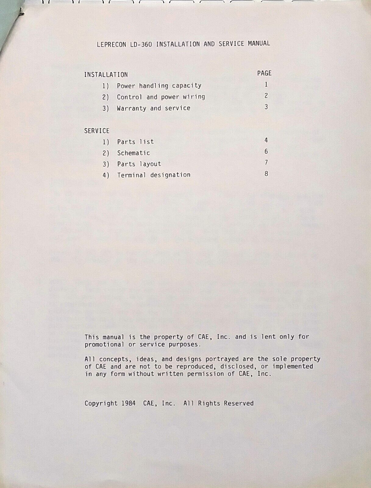 Original 1984 Installation Service Manual for Leprecon LD-360 Pro Lighting Unit